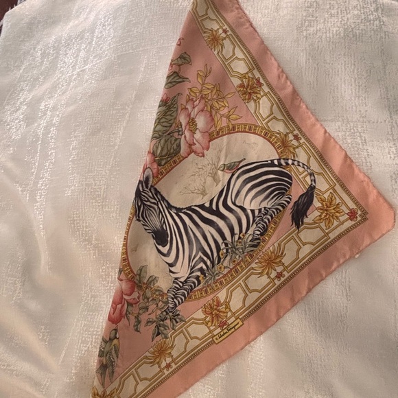 Vintage 100 Silk Scarf Ferragamo Zebra Pink Floral Safari Square Grandmillennial - Picture 8 of 10